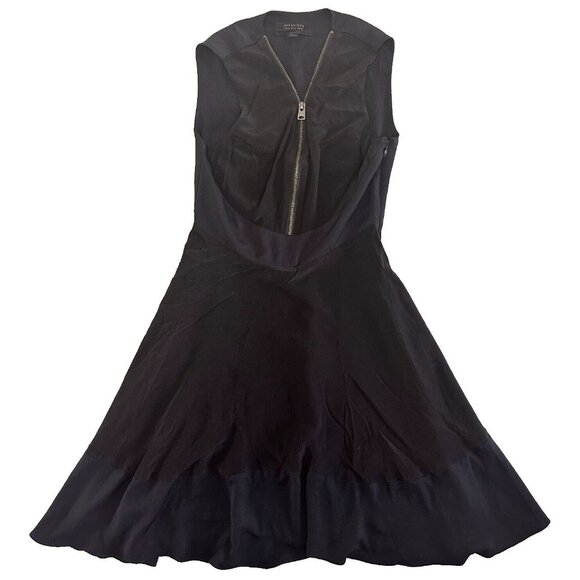 All Saints Silk Dress Zipper Front Navy Blue Black Fit and Flare - Picture 1 of 16